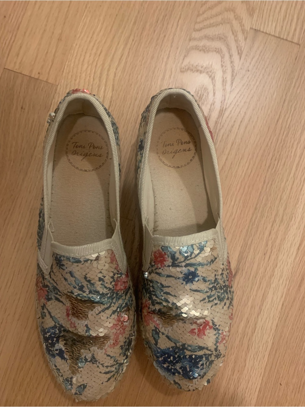 Sequin Floral Espadrille Slip-Ons - Cream Blue Pink - Picture 4 of 5